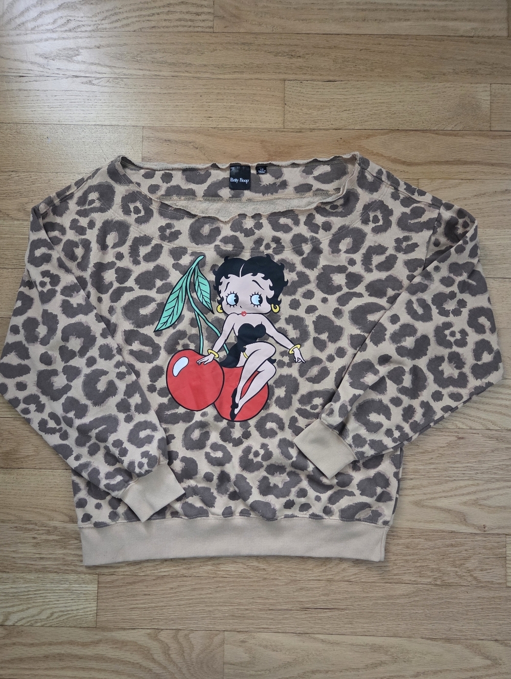 MAD Engine Beige Leopard Off-Shoulder Sweater with Red Cherry Betty Boop Graphic